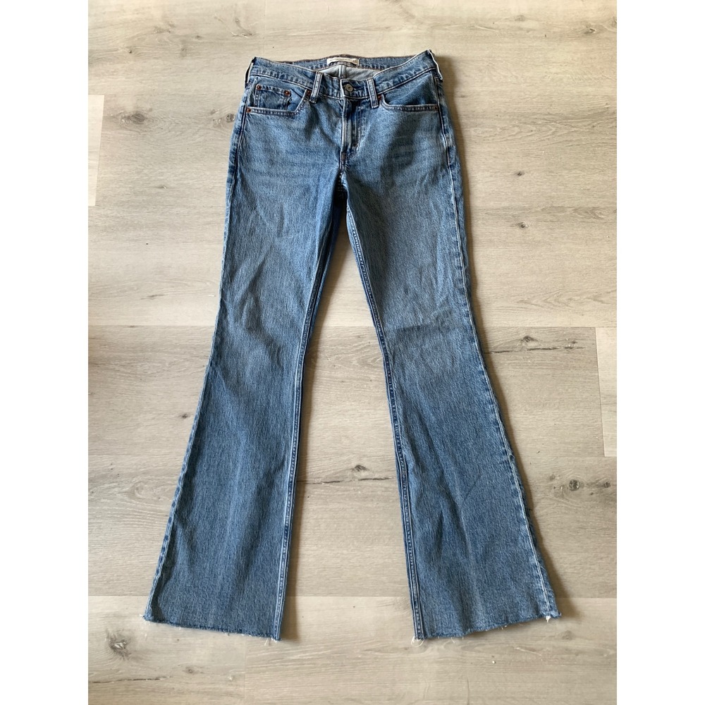 Abercrombie & Fitch Mid Rise Bootcut Jeans Medium Wash Raw Hem 26 Womens